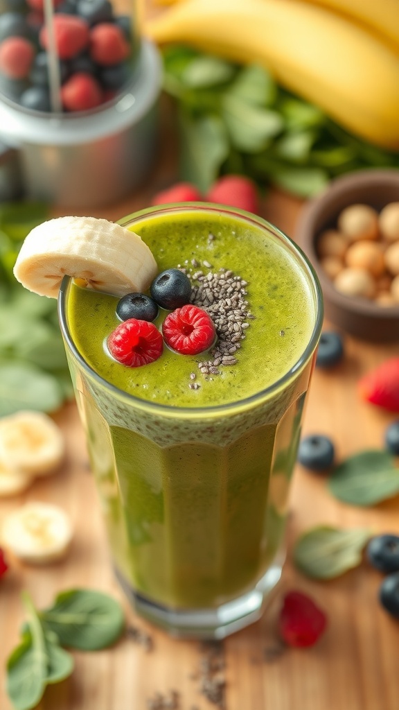 Healthy Weight Loss Smoothies Recipe A green smoothie with spinach, banana, and berries in a glass, garnished with chia seeds on a wooden table.